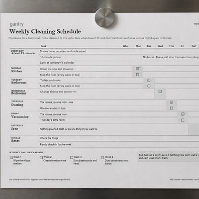 A printed weekly cleaning schedule held to a fridge door with a magnet, with a few boxes ticked in pencil