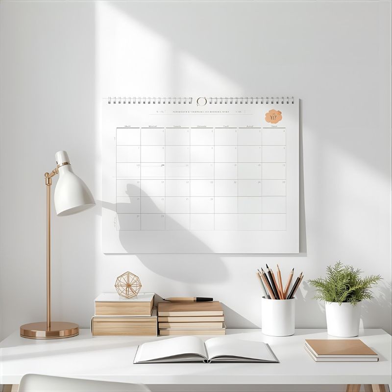 A clean, organized desk with a wall calendar, books, and a notebook — the calm that comes from staying on top of things