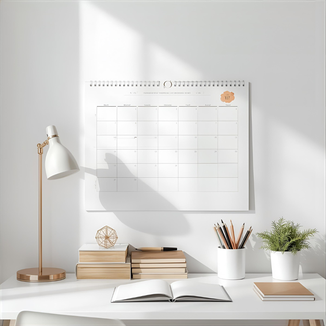 A clean, organized desk with a wall calendar, books, and a notebook — the calm that comes from staying on top of things