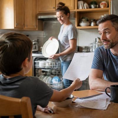 A child at the kitchen table holding up a permission slip to one parent, while the other parent unloads the dishwasher
